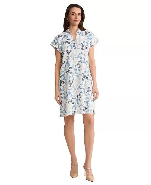 Jones New York Collared Linen‑Blend V‑Neck Dress PM Natural White Multi NWT $99