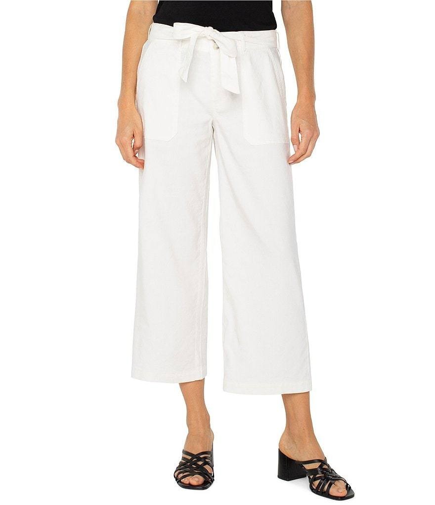 Liverpool Linen Blend Belted Wide-Leg Cropped Pants White, Size 14, NWT
