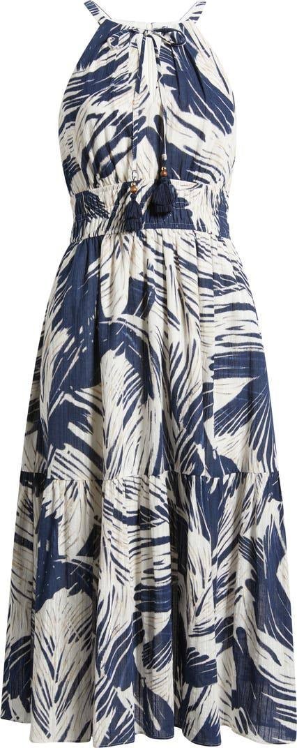 Vince Camuto Women’s Leaf Print Cotton Halter Neck Midi Dress Blue 12 $188 NWT