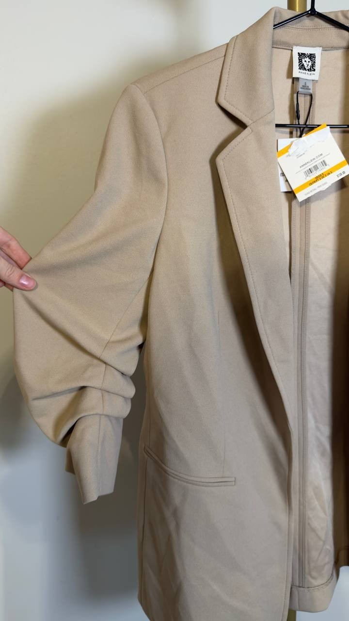 Anne Klein Stretch Crepe Scrunch‑Sleeve Open‑Front Blazer Latte S NWT $139