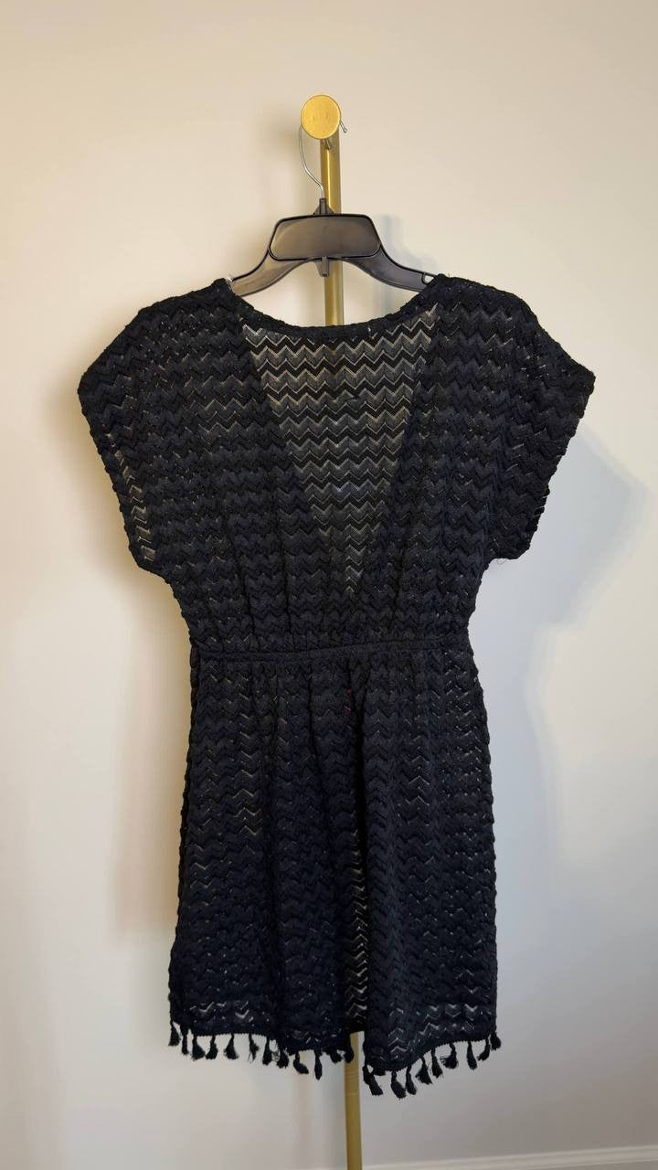 Miken Crochet Tassel Tie‑Front Kimono Cover‑Up Black S NWT $34