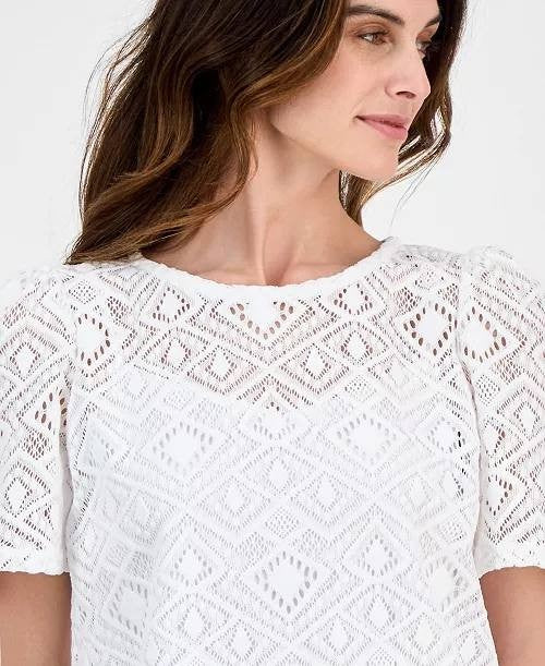 Anne Klein Lace Puff-Sleeve Blouse White XL New with Tags MSRP 99