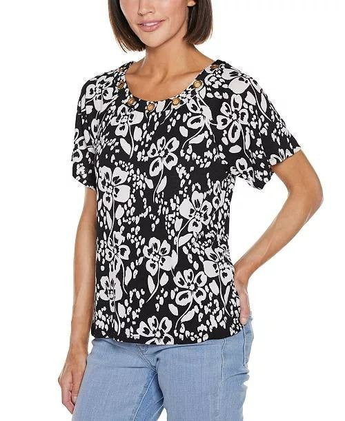 Belldini Women’s Grommet Detail Floral Knit Top Black Combo M NWT $49