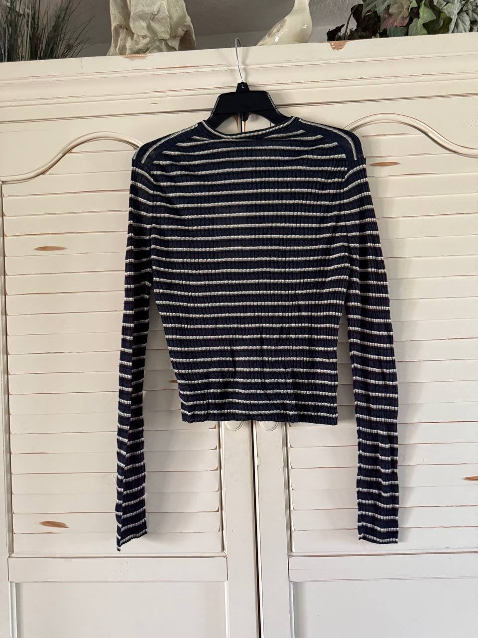 Theory Striped Linen-Blend Crop Cardigan Nocturne Navy Multi Size L Women