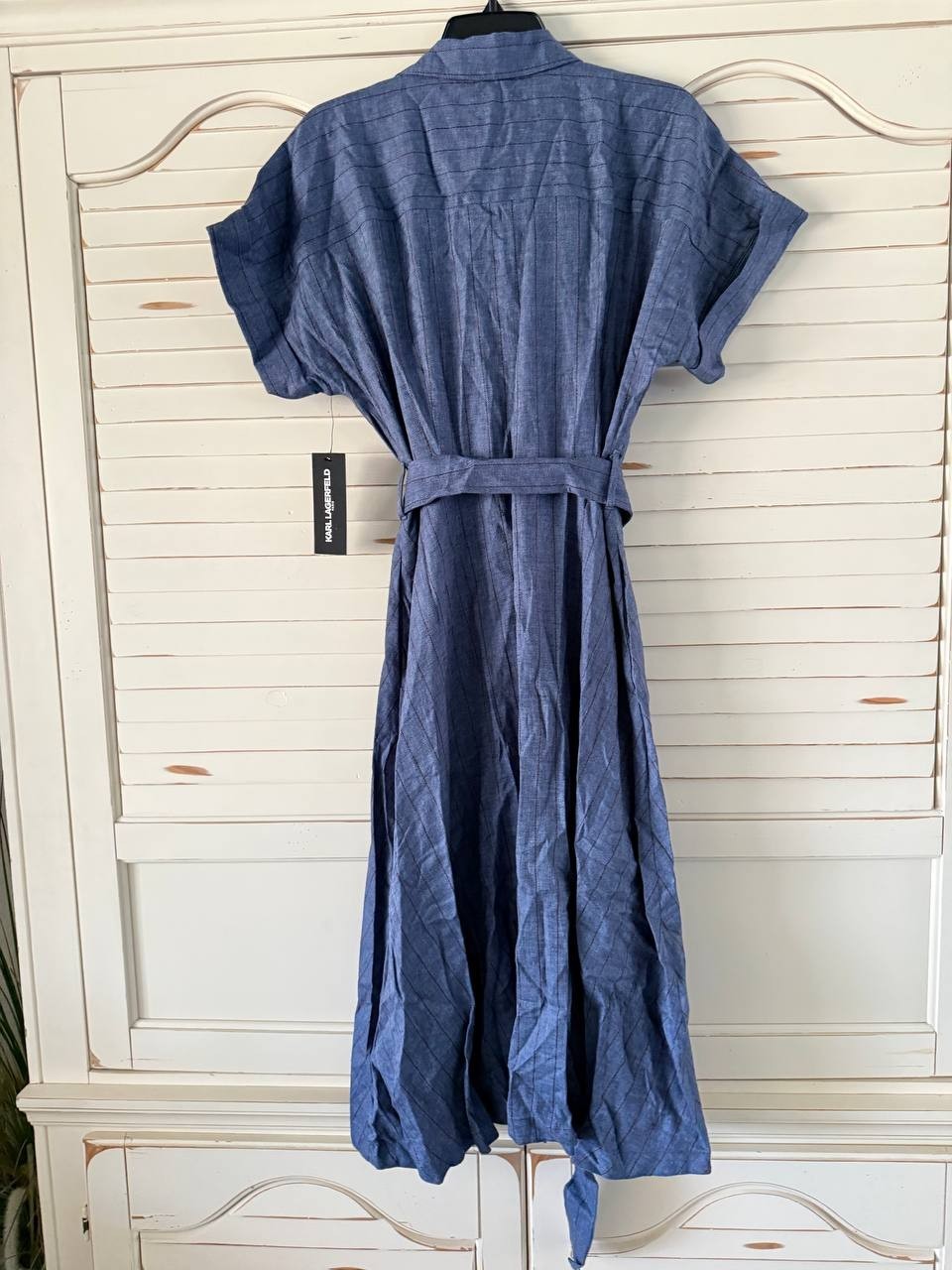 Karl Lagerfeld Paris Dress 12 Blue Belted Pinstripe Midi NWT MSRP $159 Classic