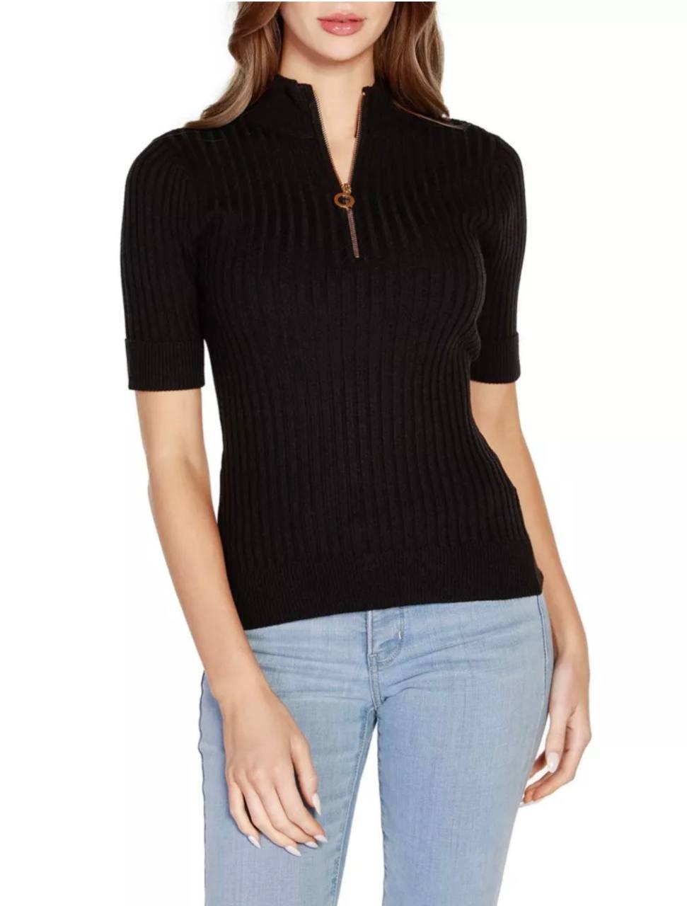 Belldini Black Label Ribbed Zip Mock Neck Sweater Black S/P NWT $75