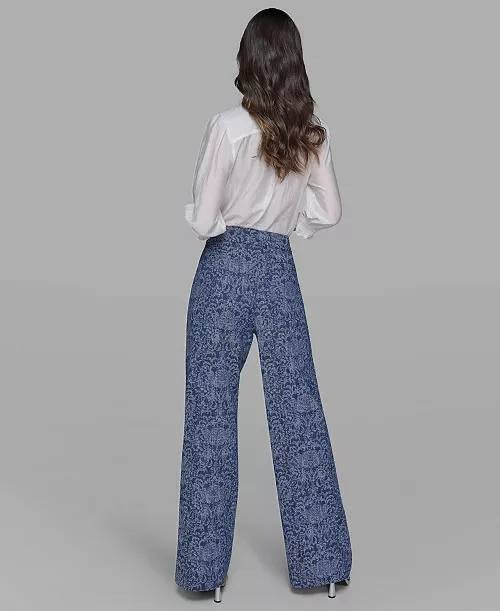 Karl Lagerfeld Paris Printed Wide‑Leg Denim Pants Medium Wash 8 NWT $139