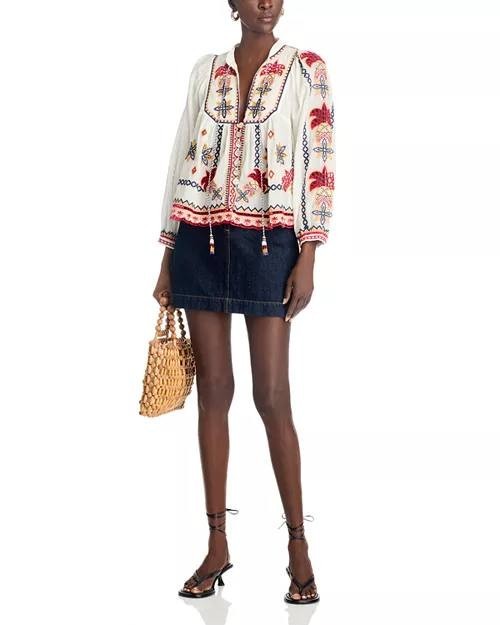 FARM Rio Mary's Tiles Embroidered Blouse Off-White M Cotton Short-Sleeve