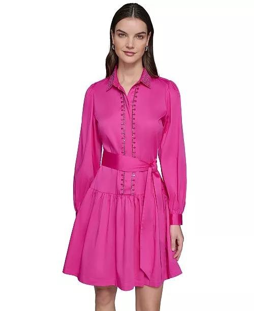 Karl Lagerfeld Paris Embellished Shirt Dress – Size 2 – NWT – Pink Long Sleeve