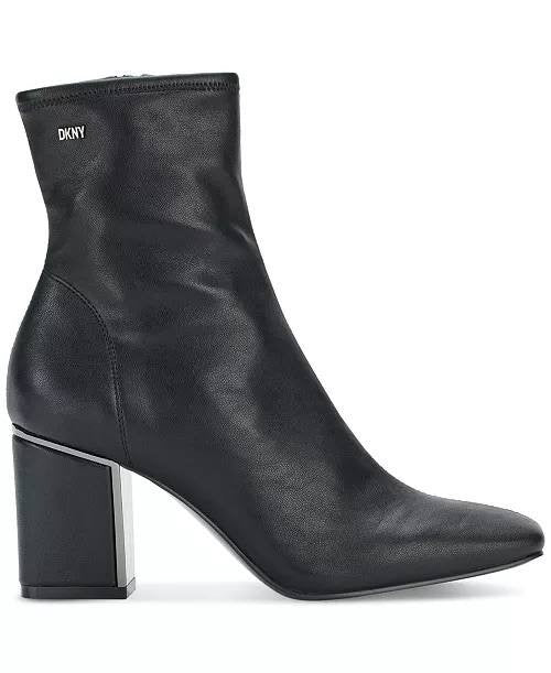 DKNY Cavale Stretch Booties Black 8M Fabric Block Heel $99 NWB