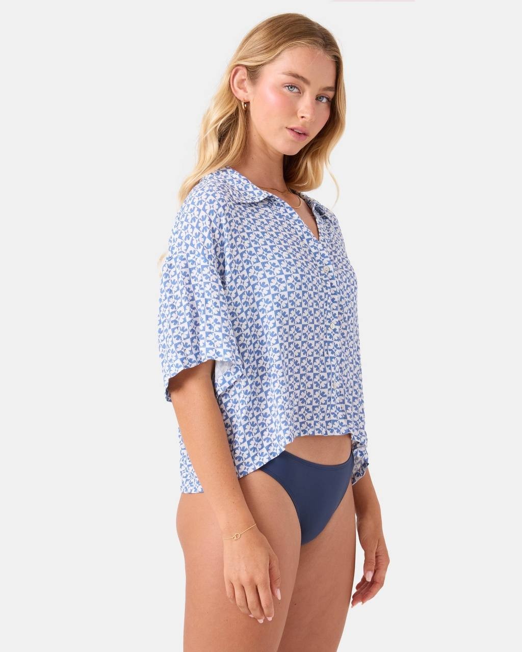 Roxy Hazy Dazy Cropped Button Up Cover Up Blue L NWT $56