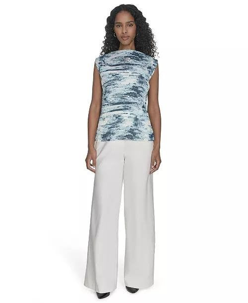 Calvin Klein Petite Printed Pleated Sleeveless Top Blue Multi PXL NWT $69