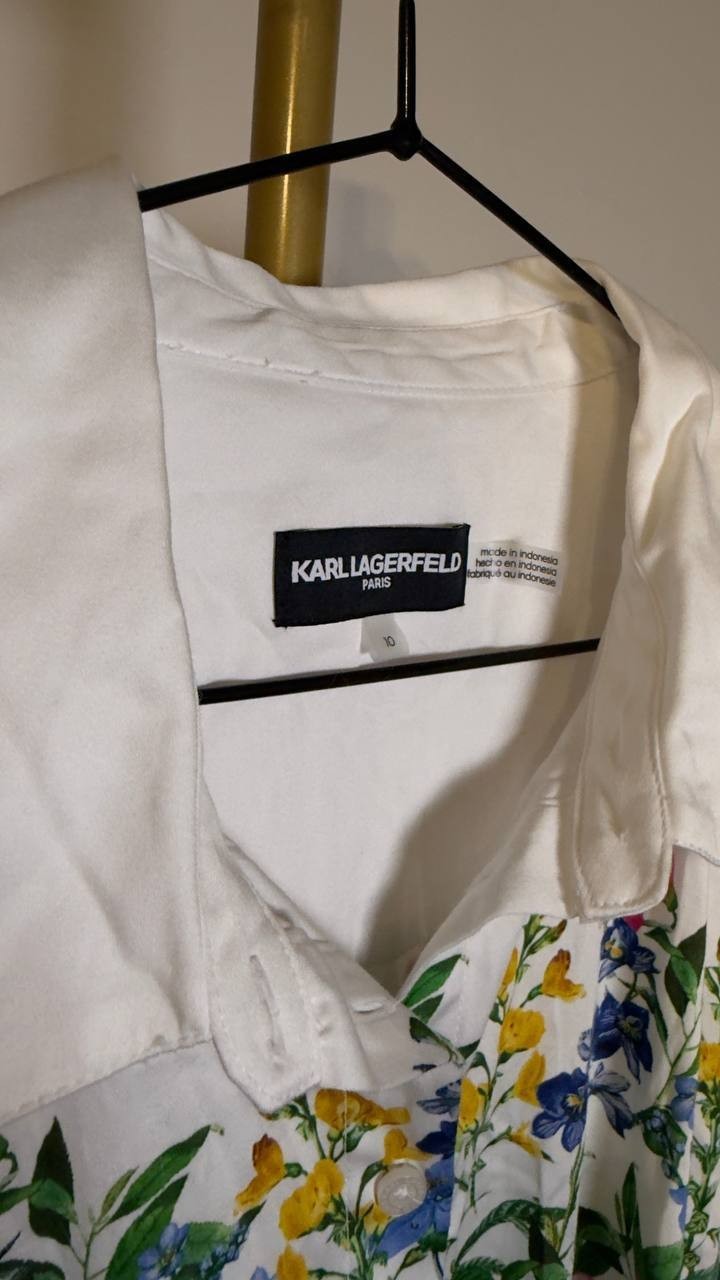 Karl Lagerfeld Paris Placed Floral Print Belted Midi Shirtdress White 10 NWT $50