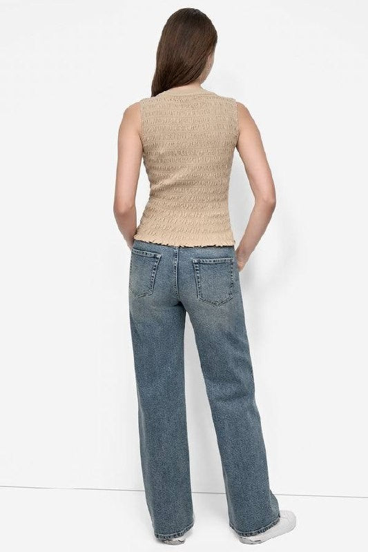 DKNY Jeans Textured Sleeveless Ruffle‑Hem Top – Beige – Size L – NWT – $69.50