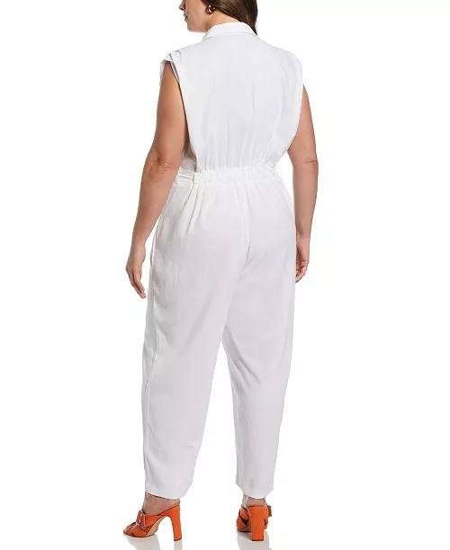 ELLA Rafaella Jumpsuit 3X White Linen Blend Sleeveless Belted Cropped Pants NWT