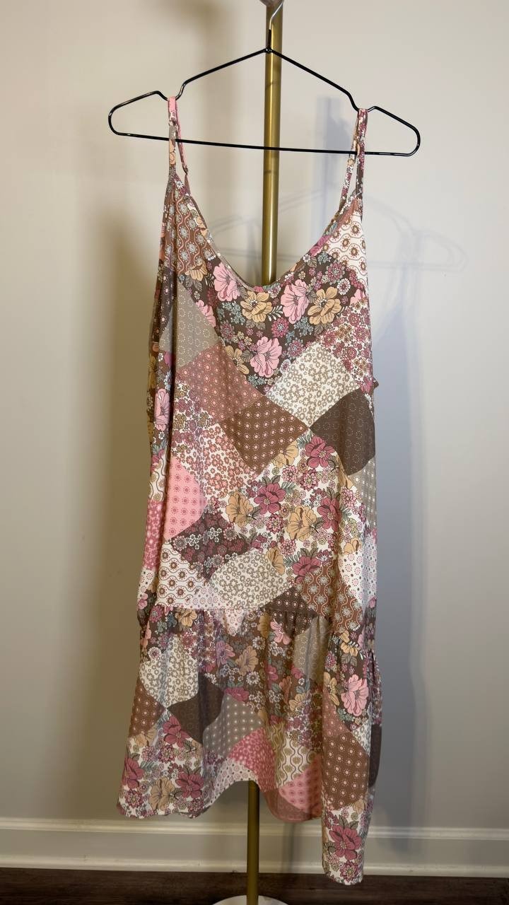 24Seven Comfort Apparel Patchwork Spaghetti Strap Dress Pink Multi 2X NWT $60