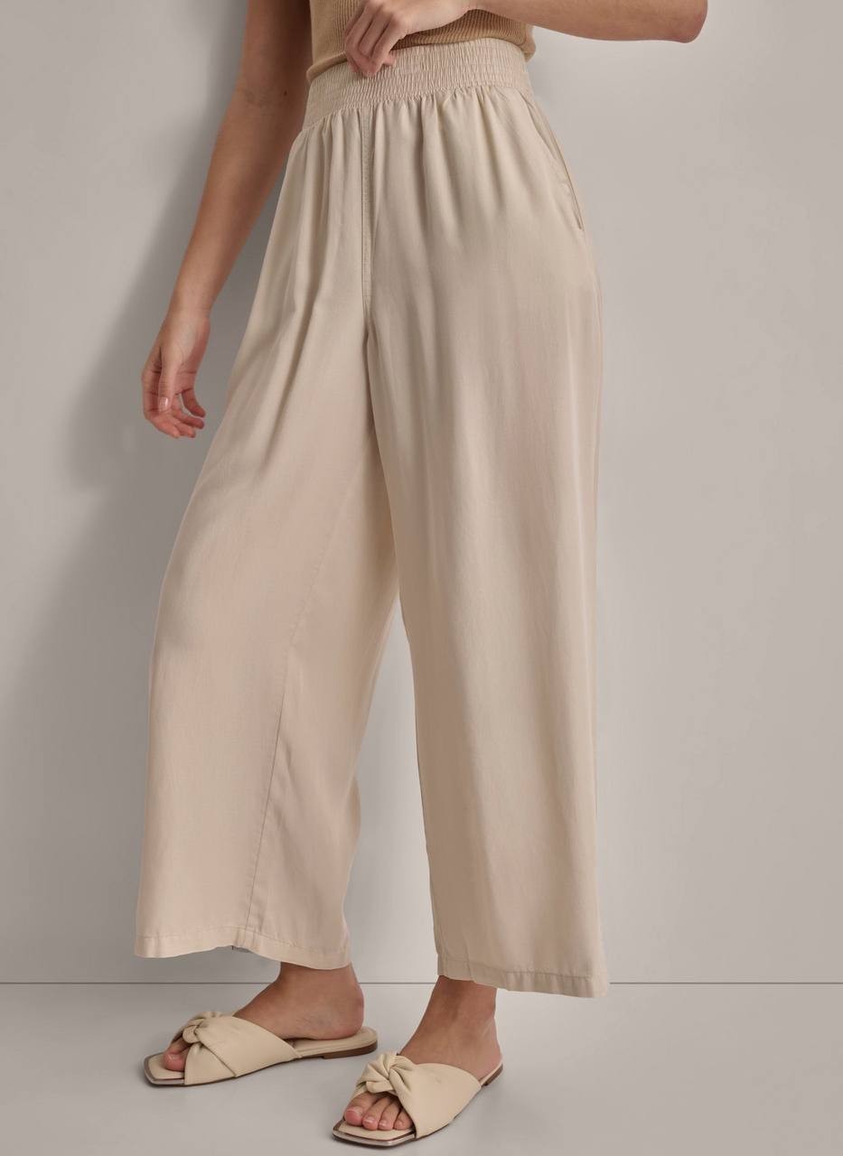 DKNY Petite Beige Garment-Dyed Wide-Leg Ankle Pant, Pull-On, Tencel, PS