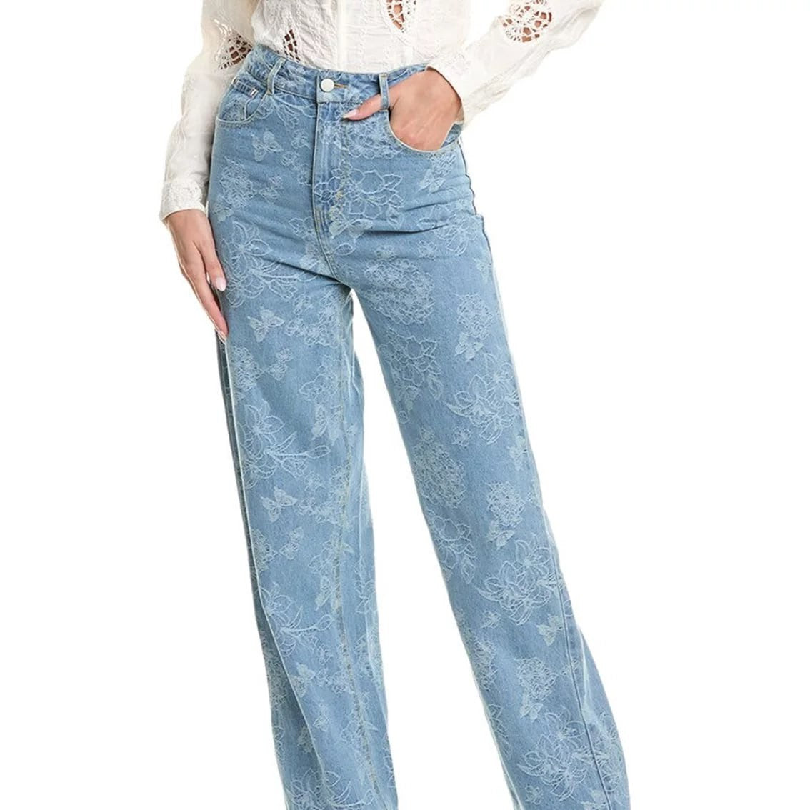 Gracia Floral Printed Straight‑Leg Jeans – Size L – Blue – NWT – $125