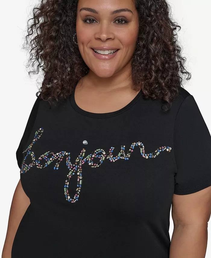 Karl Lagerfeld Paris Plus Size Embellished Bonjour Tee Black 2X $69 NWT