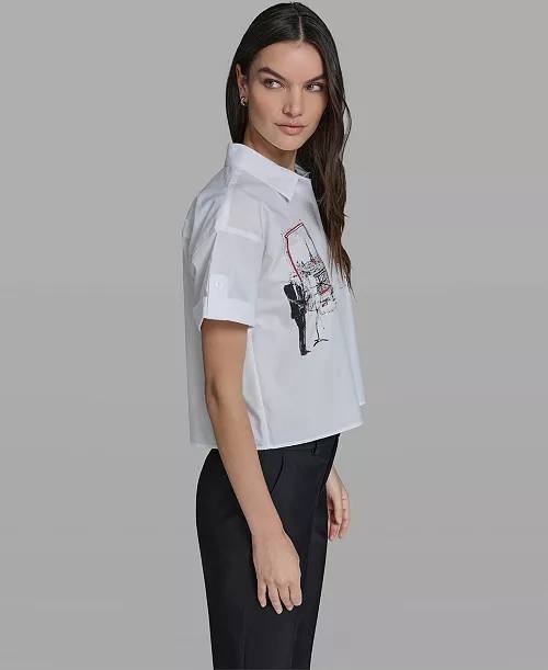 Karl Lagerfeld Paris Cropped City Scene Collared Top White S NWT $109