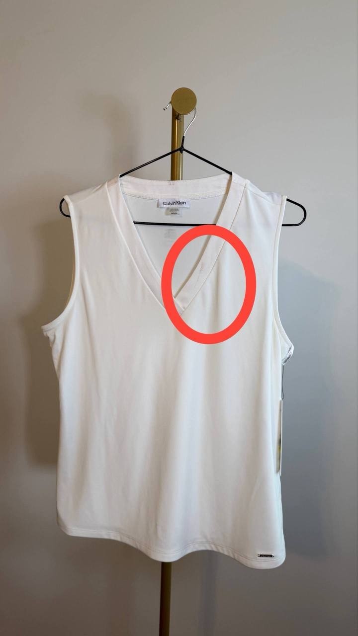 Calvin Klein Mixed Media V Neck Blouse White Stretch Top Size M NWT need wash