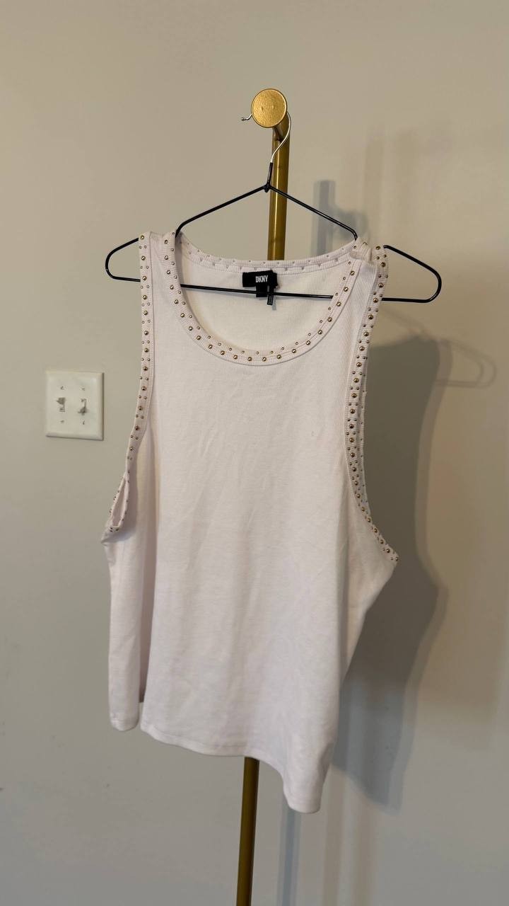 DKNY Crewneck Stud Trim Rib Knit Tank Top Black XL Pre-Owned