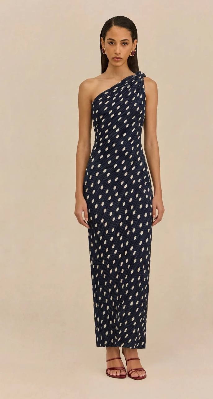 Cult Gaia Terre Dress One‑Shoulder Plissé Gown 2 Small Dot Deep Lake NWOT $898