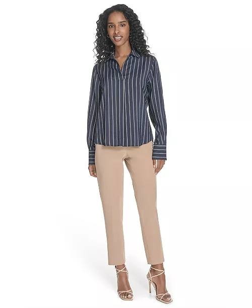Tommy Hilfiger Striped Long‑Sleeve Popover Top Navy Multi L NWT $89