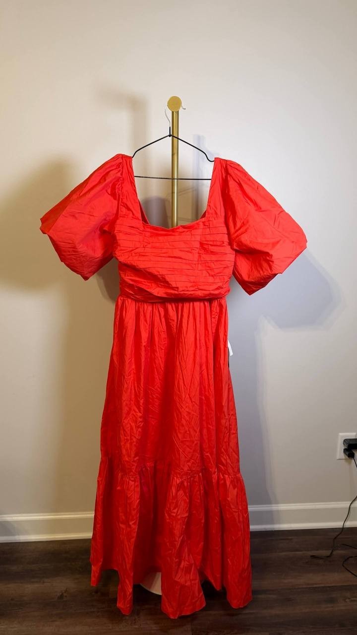 CeCe Women’s Square‑Neck Puff‑Sleeve Tie‑Back Maxi Dress Red L $109 NWT