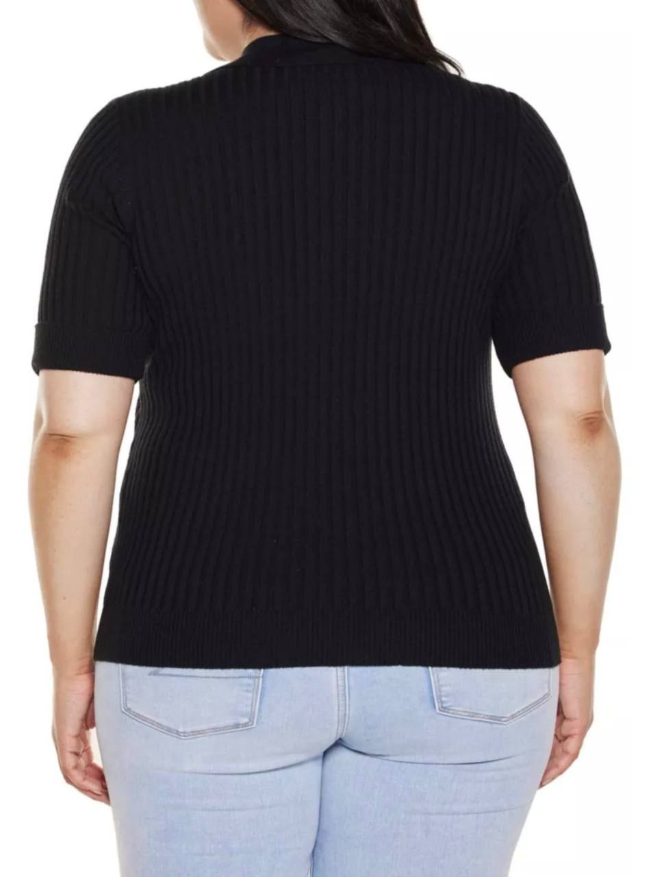 Belldini Plus Collared Quarter‑Zip Ribbed‑Knit Sweater Black 2X NWT $59