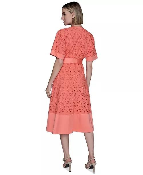 Karl Lagerfeld Paris Petite Eyelet Button‑Front Dress Terracotta 8P NWT $199