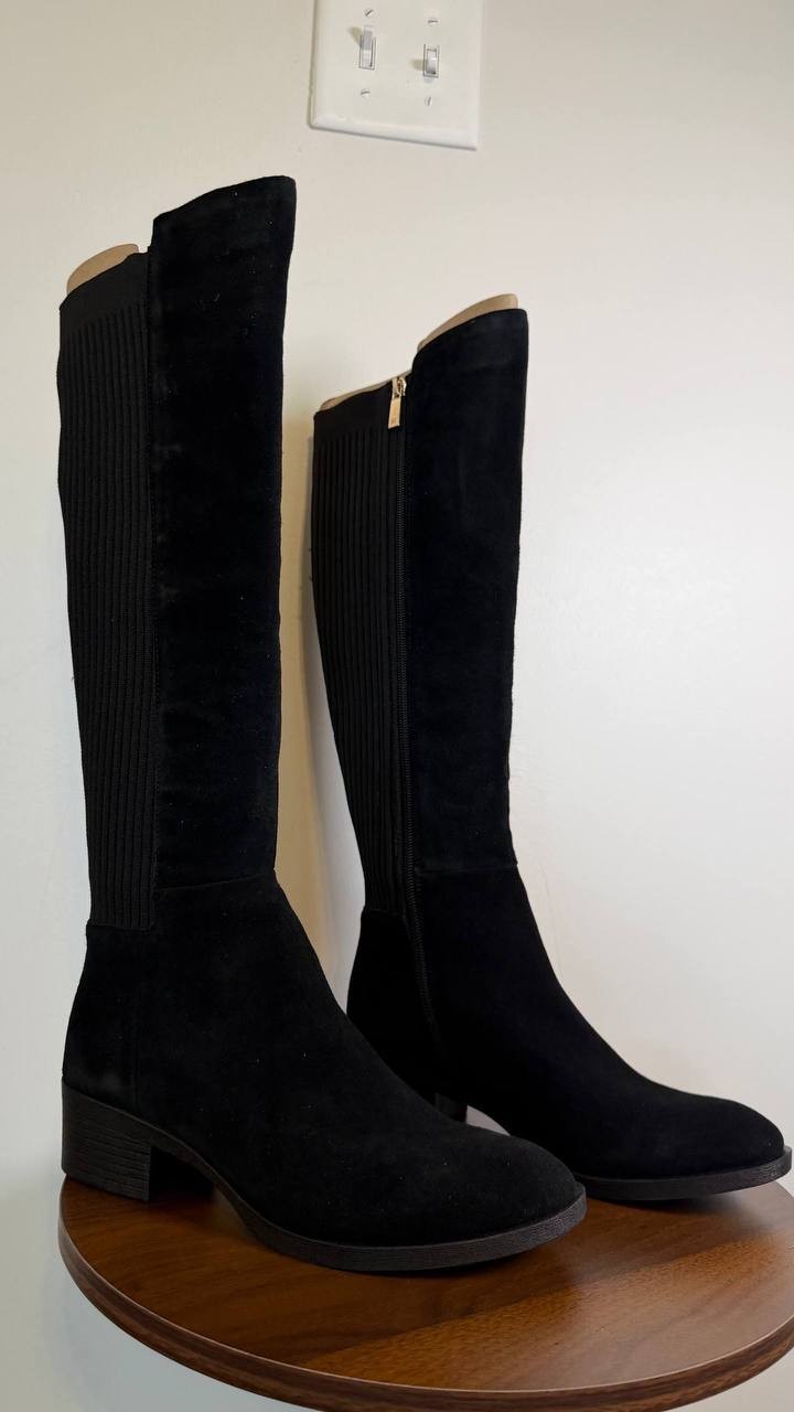 Kenneth Cole Levon Boots 6.5M Black Suede Tall Wide‑Shaft Round Toe NIB msrp$220