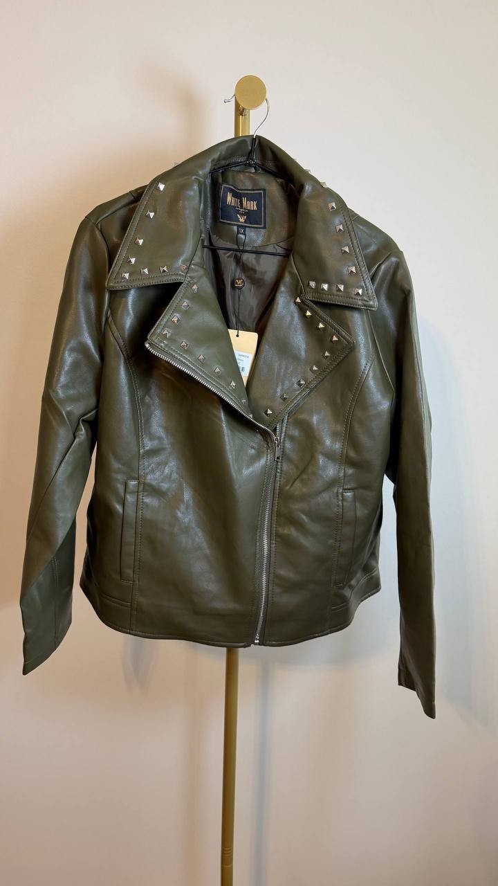 White Mark Women’s Studded Faux Leather Jacket, Size 1X, Color Olive, NWT