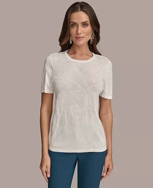 Donna Karan NY Short-Sleeve Sequin Detail Sweater White S NWOT $99