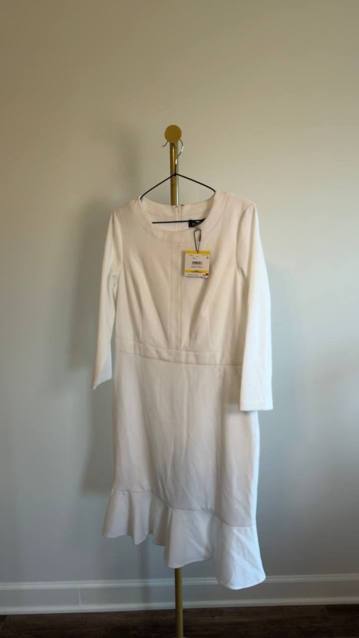 Kasper White Round Neck Knee-Length Ruffle Skirt Dress M NWT $99