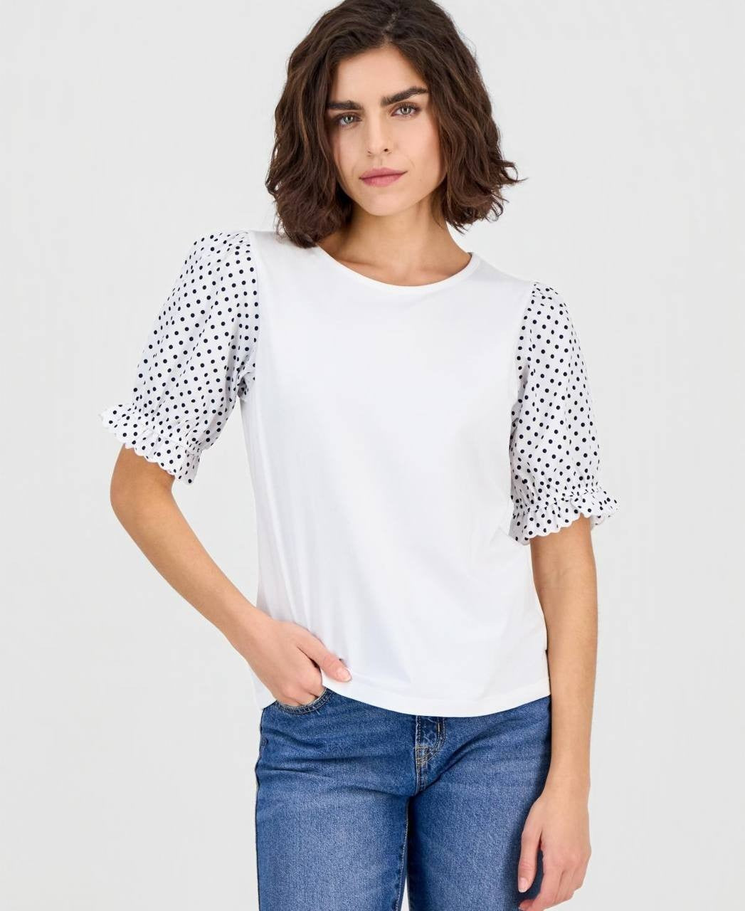 Nautica Jeans Women’s Round‑Neck Contrast Puff‑Sleeve Top White S NWT $59.50