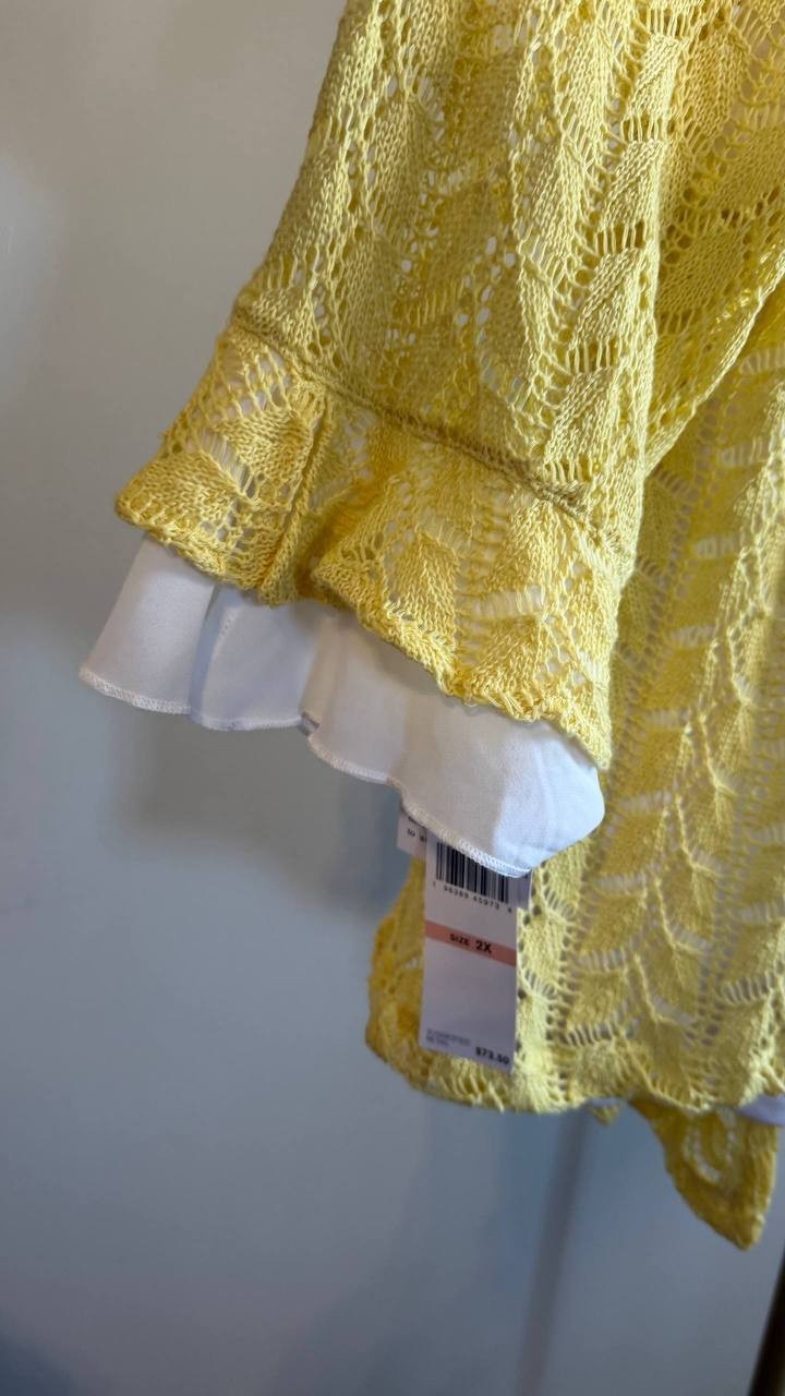 Alfred Dunner Women’s 2‑in‑1 Pointelle Knit Top Yellow White 2X $79.50 NWT