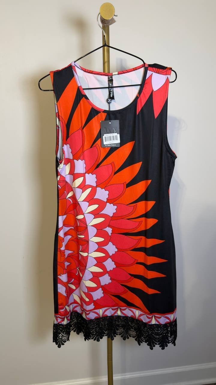 White Mark Printed Sleeveless Lace Hem Sheath Dress Black/Red L NWT $64