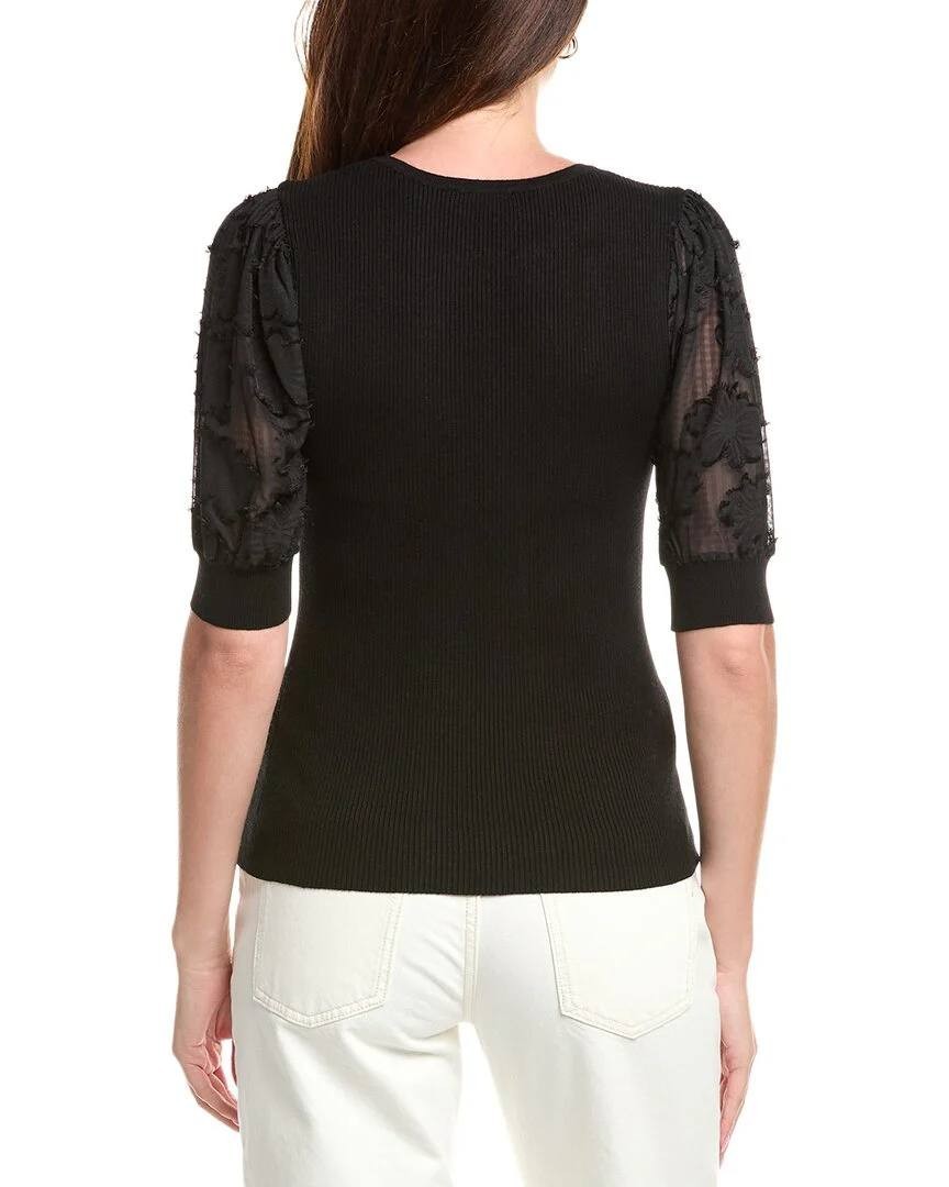 Tahari Puff‑Sleeve Ribbed Knit Top Black SizeM NWT Floral Sheer Sleeves msrp$78