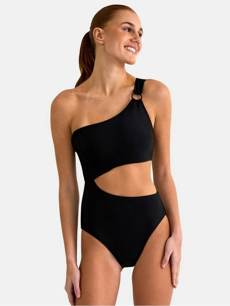 Jessica Simpson Waist‑Cutout Asymmetrical One‑Piece Swimsuit Black L NWOT $88