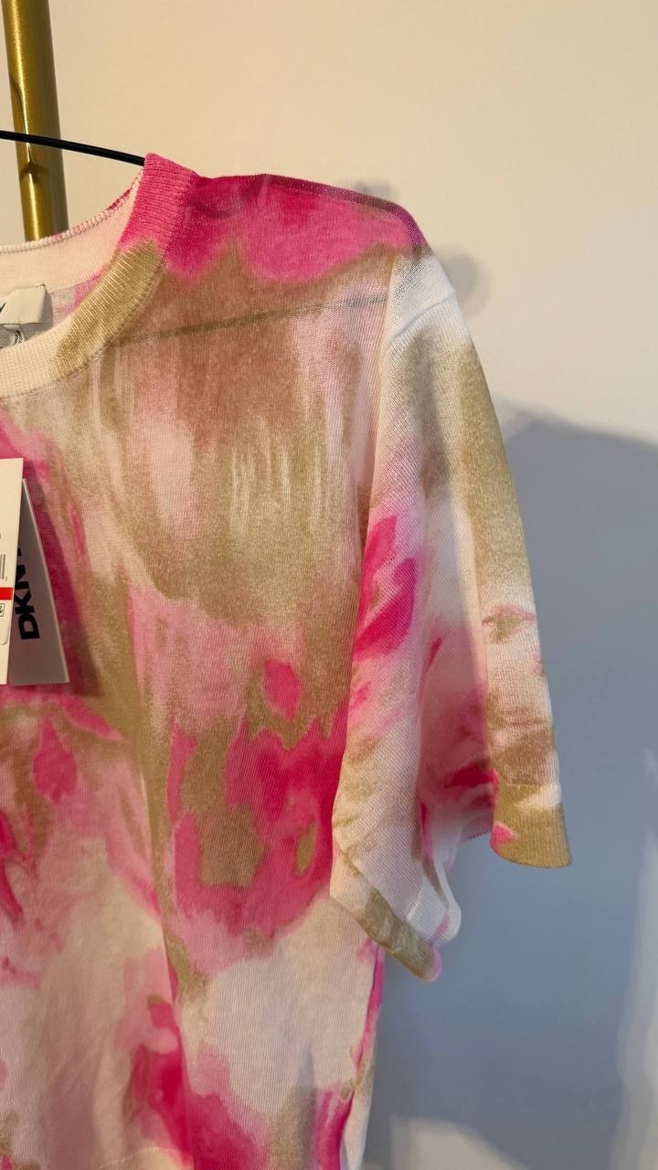 DKNY Watercolor‑Print Short‑Sleeve Sweater Blush Multi XS $89 NWT