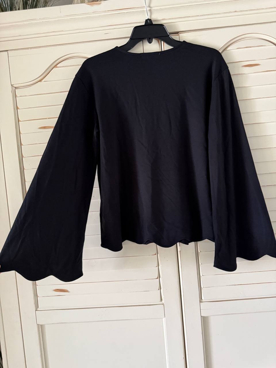 Three Dots Crystal Bell Long Sleeve Tee, Henley Neckline, Black Beauty S