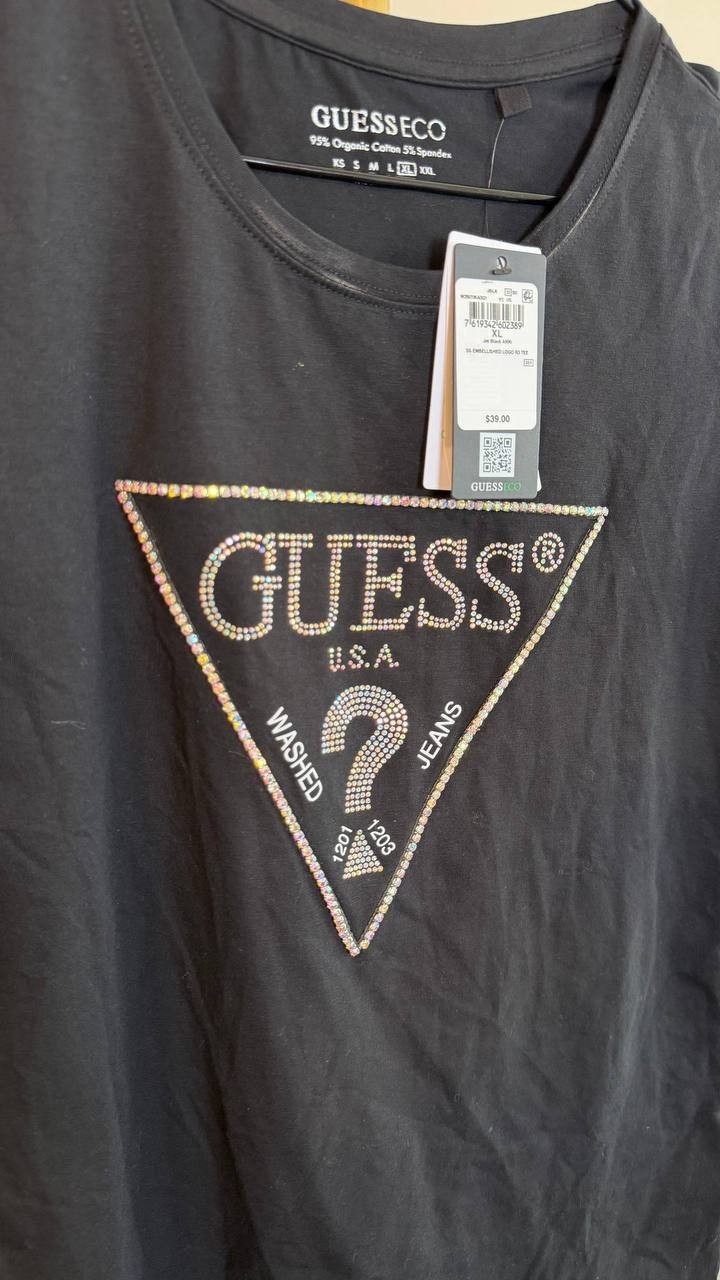 Guess Eco Embellished Logo T-Shirt Black Stretch Tee Size XL NWT $39 need wash