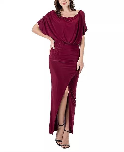 24seven Comfort Apparel Boat Neck Slit Maxi Dress Burgundy Size L NWT $104
