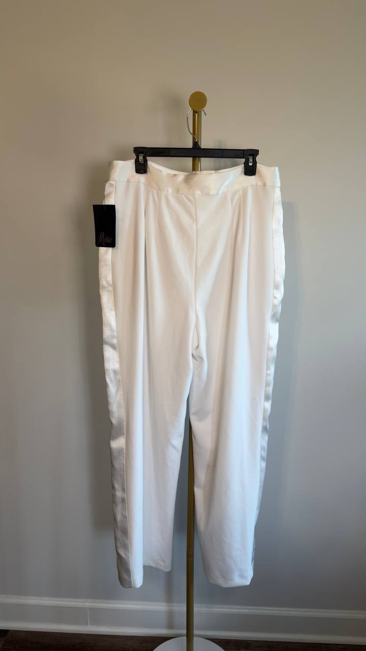 Muse Satin-Trim Straight-Leg Pants Ivory 14 NWT $99