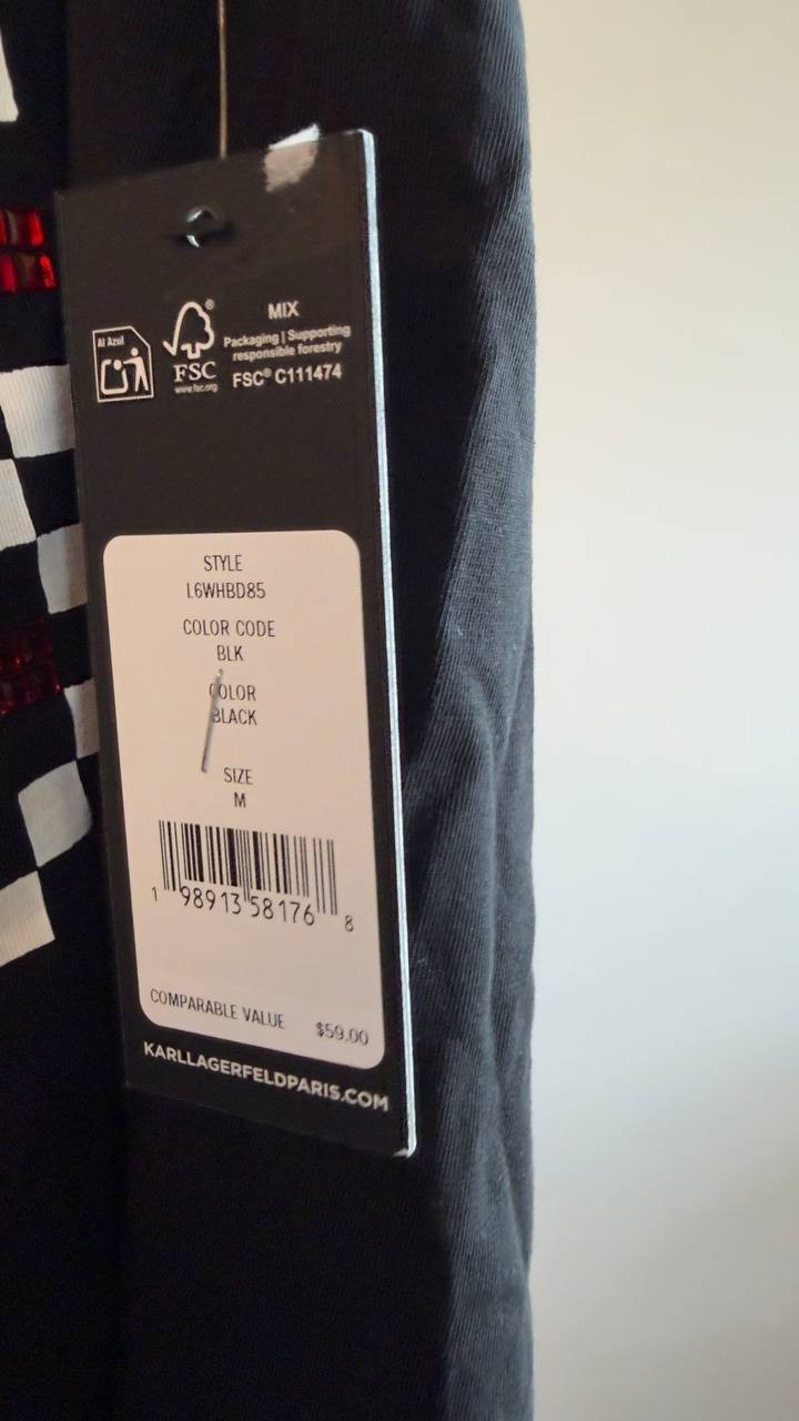Karl Lagerfeld Paris Checkboard Logo Crewneck Motif Top M Black NWT $59