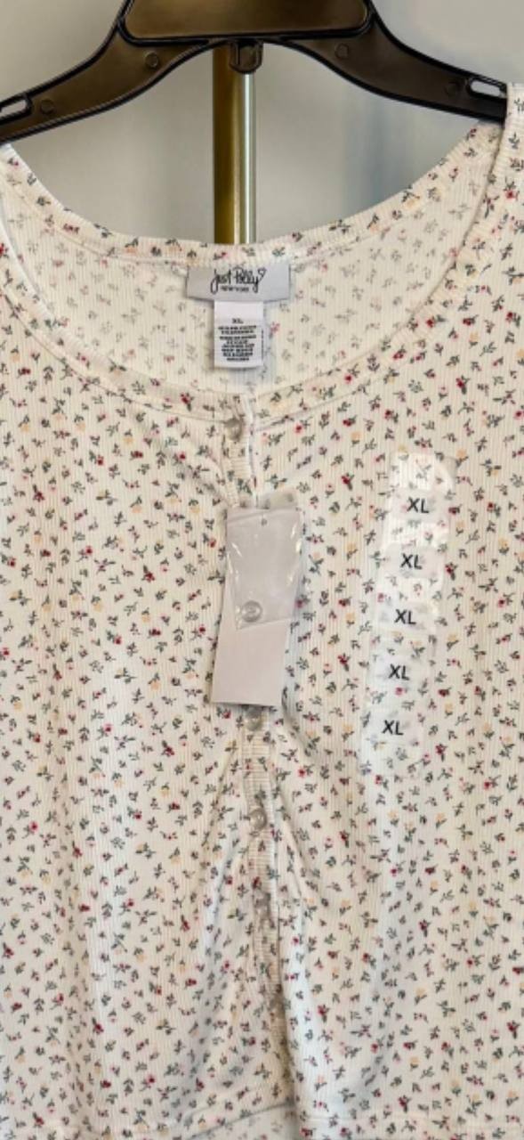 Just Polly Cotton Pointelle Henley Tee Ivory/Pink XL NWT $22