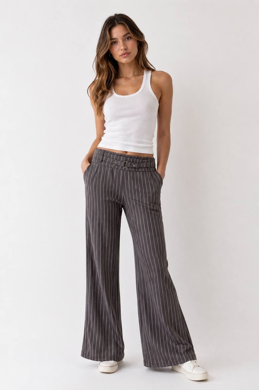 Love University Super Soft Belted Wide‑Leg Pants White/Grey Stripes L NWT $59