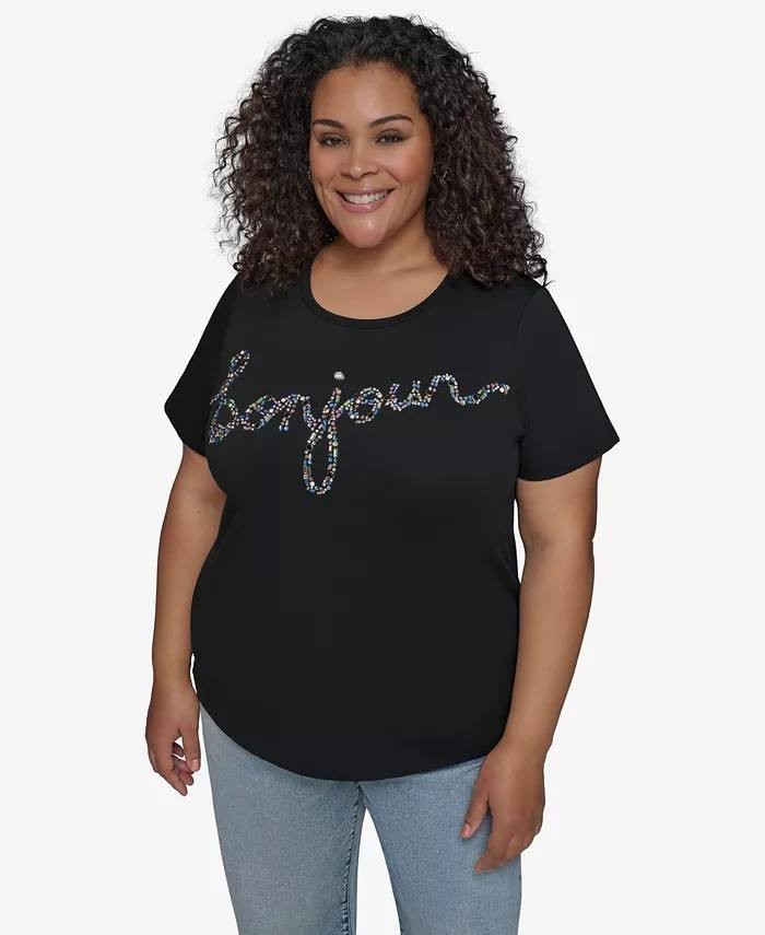 Karl Lagerfeld Paris Plus Size Embellished Bonjour Tee Black 2X $69 NWT