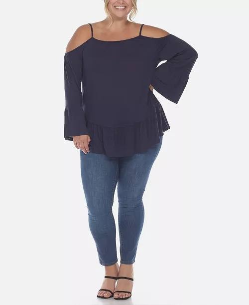 White Mark Plus Size Cold Shoulder Ruffle Sleeve Top Navy 2XL NWT $52